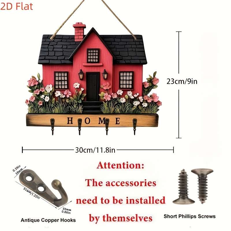 A Wooden Key Holder Featuring a Romantic Floral And Cottage Design with 4 Metal Hooks in a Bohemia