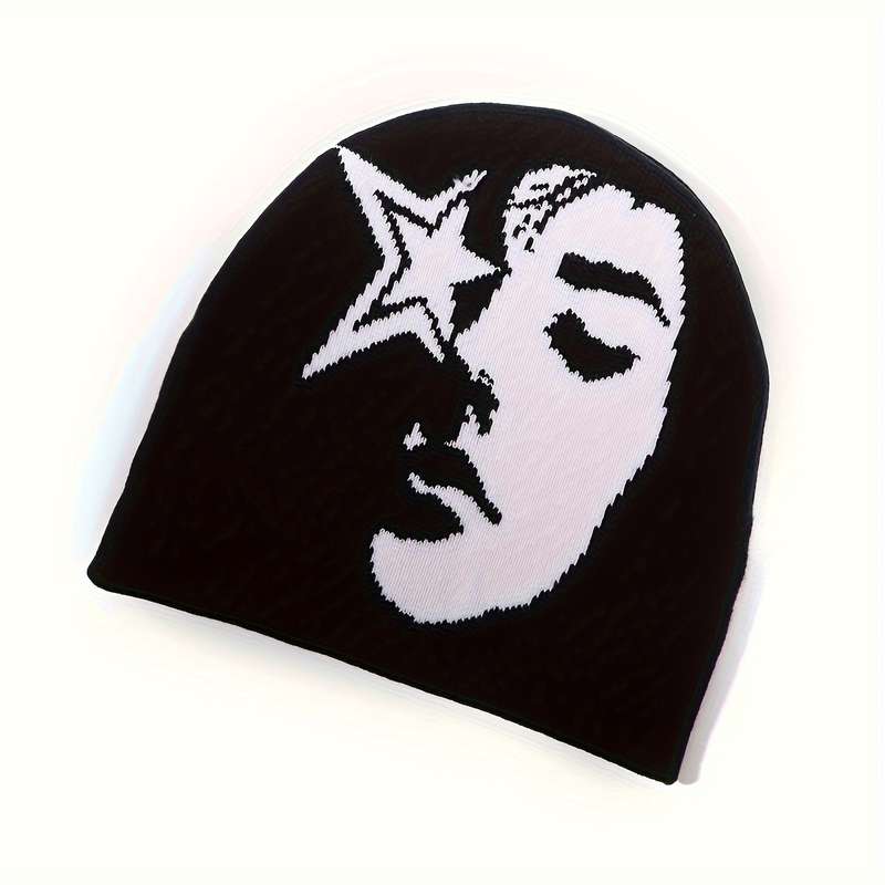 1pc Star Face Jacquard Knit Beanie for Women and Men Acrylic Stretchy Skull Cap Lightweight Unise