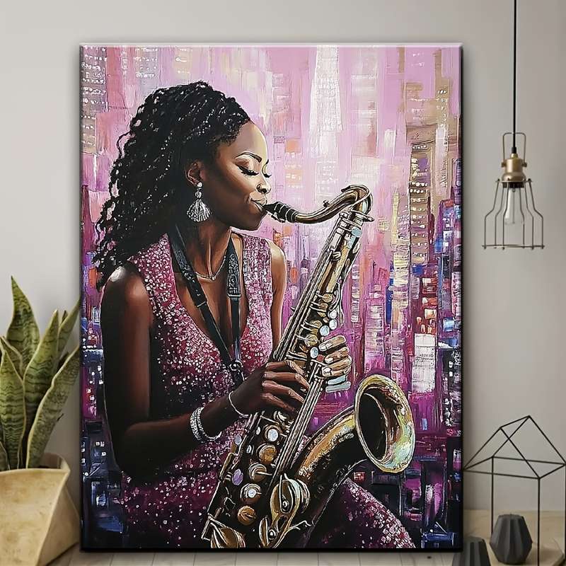 1pc Vibrant African American Saxophonist Jazz Art Print Modern Music Theme HD Poster with Urban B