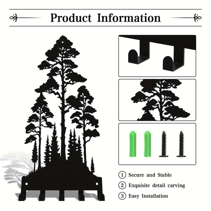 12-Inch Metal Wall-Mounted Key Organizer with 5 HooksBlack Forest Silhouette Design Easy to Ins