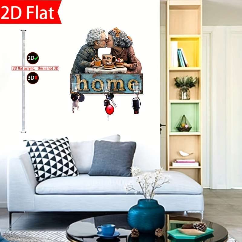 Bohemian Style 2D Acrylic Key Hooks for WallCharming Elderly Couple Design with "HOME" Sign 23.6