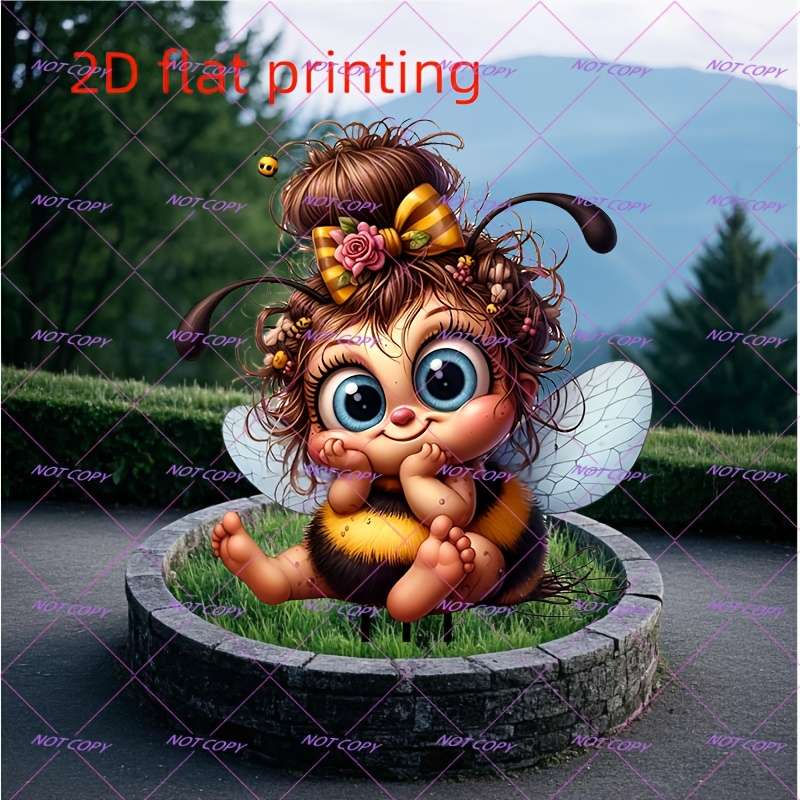 1pc 2D Flat  Whimsical  Printed Bee Garden Stake Adorable Cartoon-Style Bee with Flower Cr