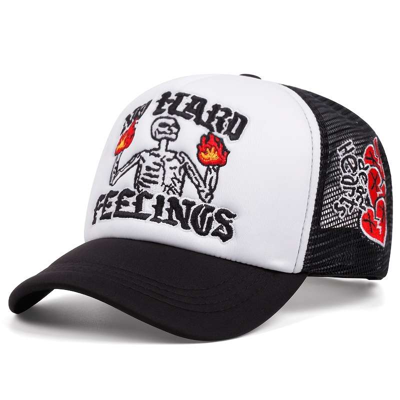 1pc Flame Skull Rose Embroidered Baseball Cap Lightweight Adjustable Snapback for Outdoor Spor