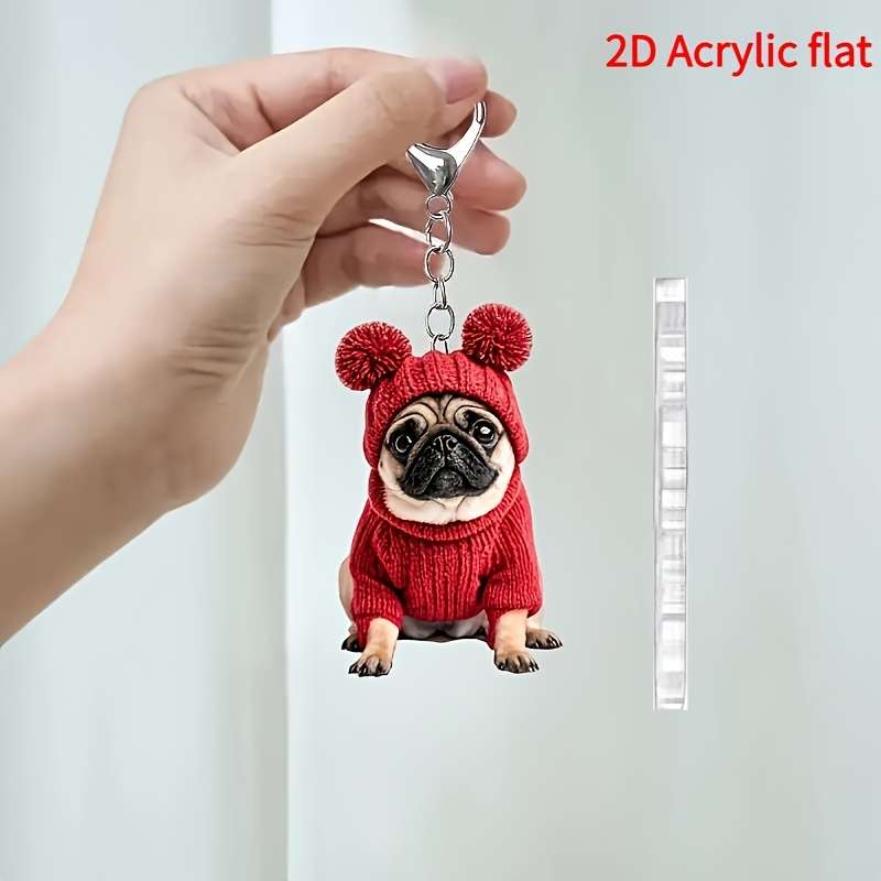 1pc 2D Flat  Keychain Keychain  Cute And Charming Pug Acrylic Keychain Fashion Animal Pendant