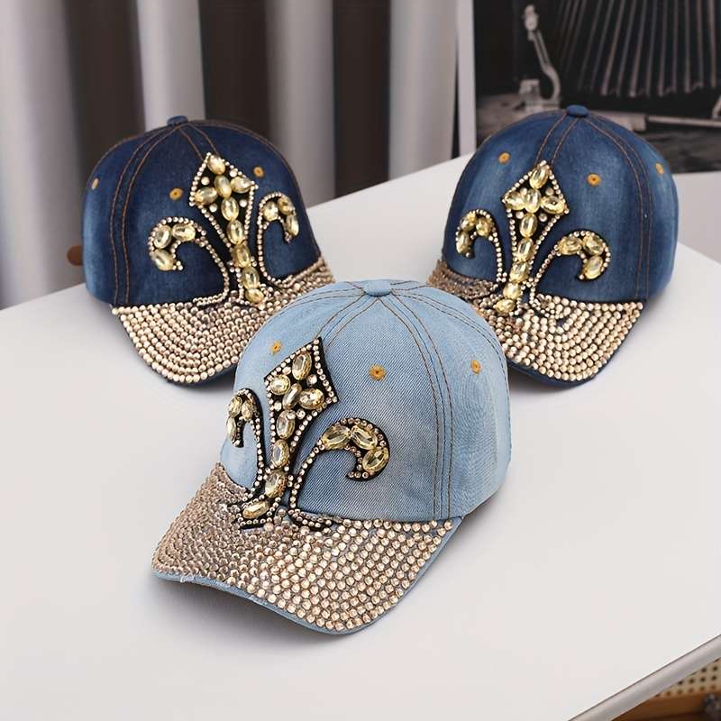 1pc Luxury Rhinestone Embellished Denim Baseball Cap Unisex Adjustable Fit with Sun Protection