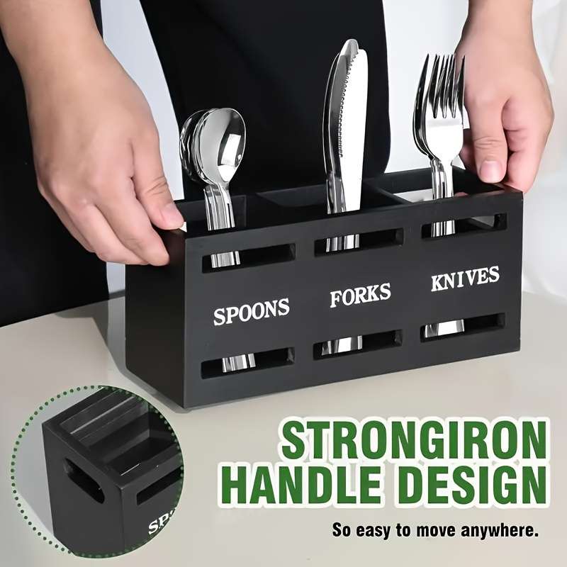 1pc Classic Wooden Kitchen Utensil Rack with Solid Iron Handle 3-Compartment Storage Basket for S