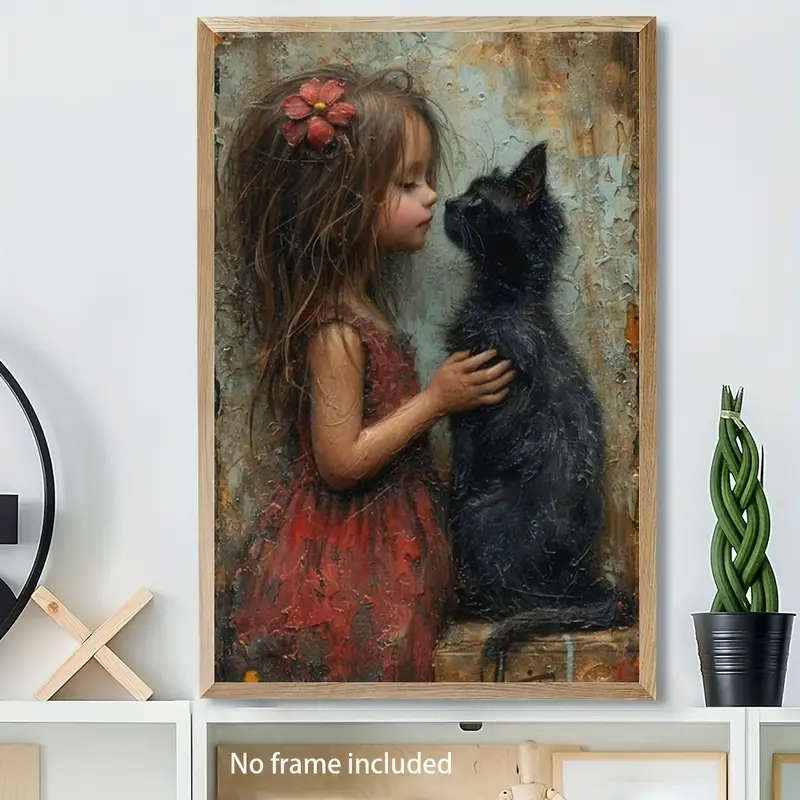 1pc Canvas Wall Art Print Little Girl with Black Cat Painting Poster for Home Office Decor Non-Solid