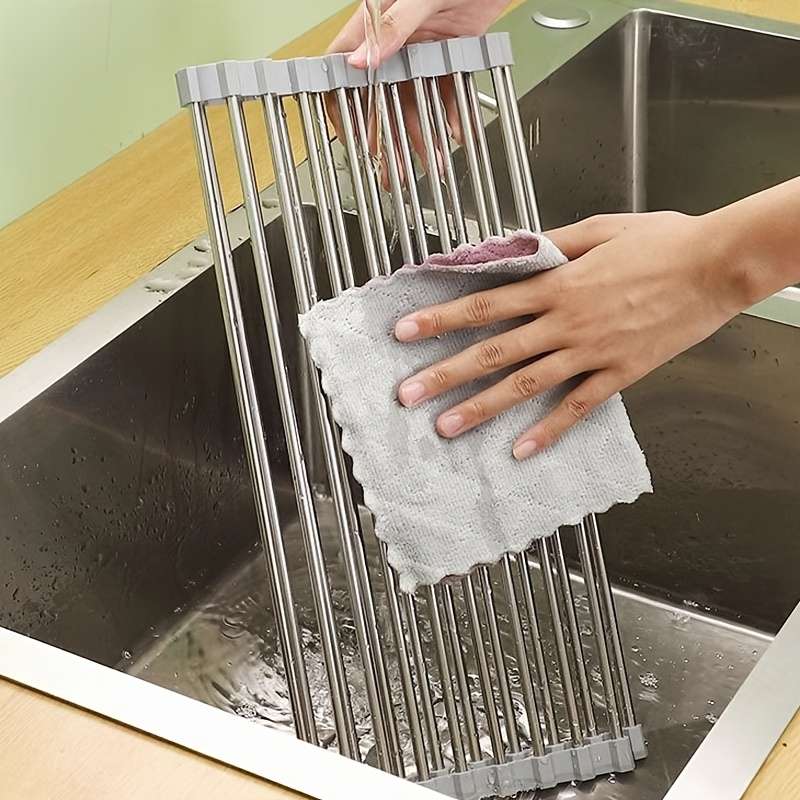 1pc Stainless Steel Foldable Kitchen Sink Drain Rack Food Safe Space Saving Strainer And Dis