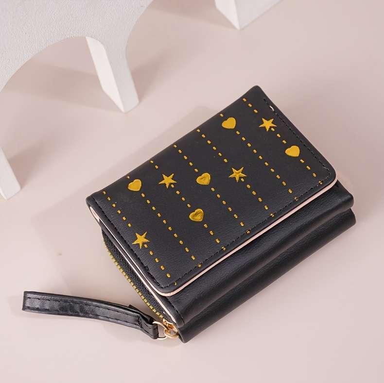 1pc 2025 Newest Women'S Fashionable Short Wallet Black with Golden Star and Heart Design Slim Mu