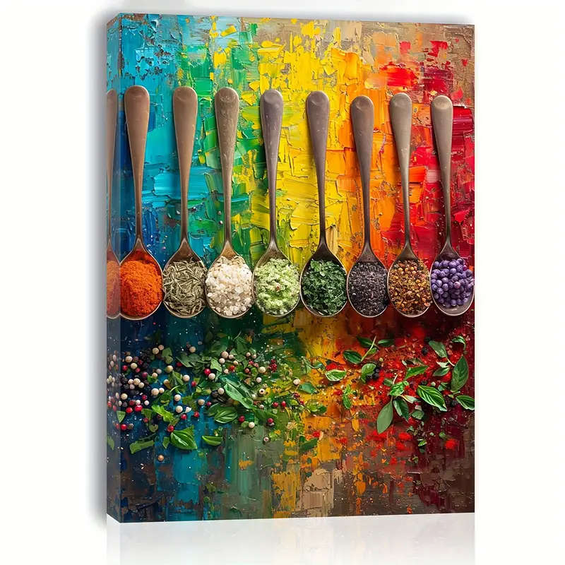 1pc Chic Seasoning Kitchen Canvas Art Wooden Framed Wall Decor for Living Room Bedroom Office Perfec