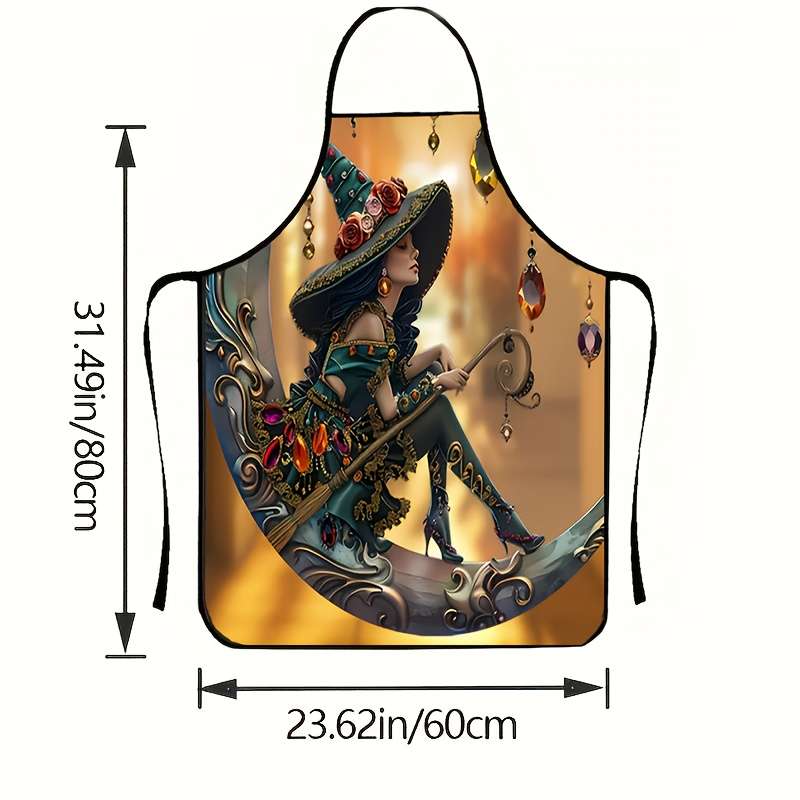 1pc Enchanted Moonlight Witch 3D Print Sleeveless Apron Whimsical Fantasy Design with Floral Hat