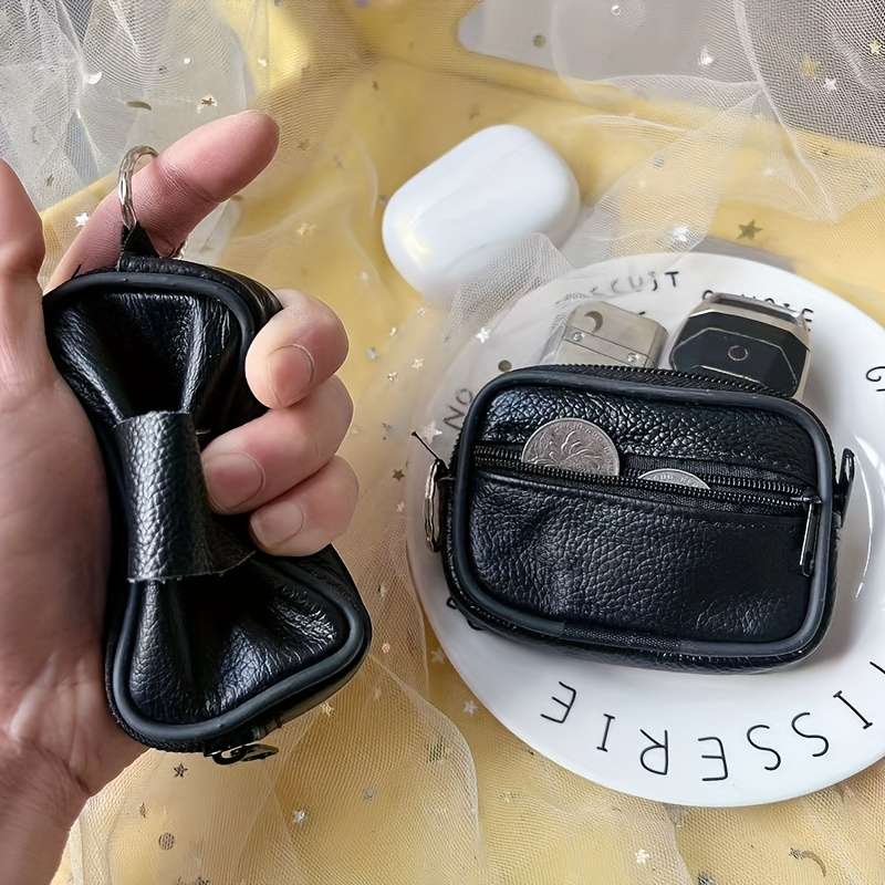 1pc Mini Men'S Elegant Black Leather Fanny Pack with Coin Purse Card Holder Portable Multi