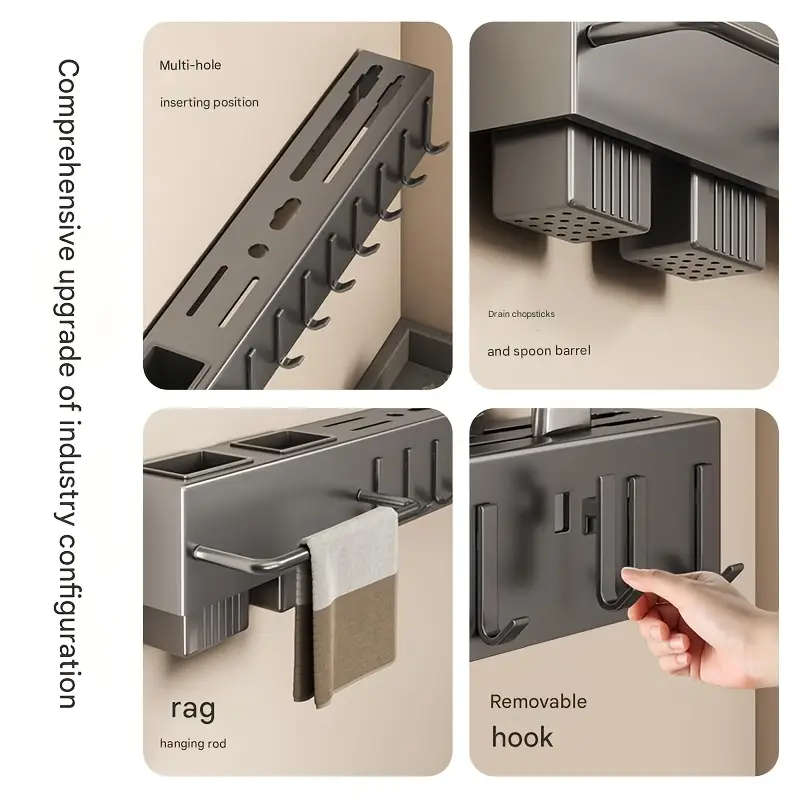 1pc Modern Wall-Mounted Kitchen Rack Carbon Steel Multi-Functional Utensil Holder 40cm