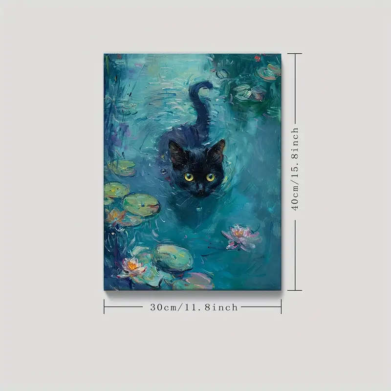 1pc Charming Black Cat in the Pond Canvas Art Wooden Framed Wall Decor for Living Room Bedroom Offic
