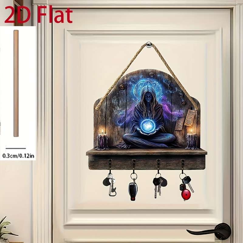 A Simple And Colorful Wooden Key Holder for Divination Featuring Four Metal Hooks Designed for Wal