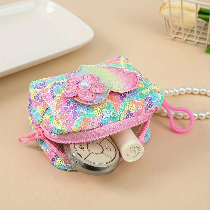 1pc Elegant Heart-Shaped Sequin Coin Purse with Pearl Accent C Vibrant Glitter Design Compact