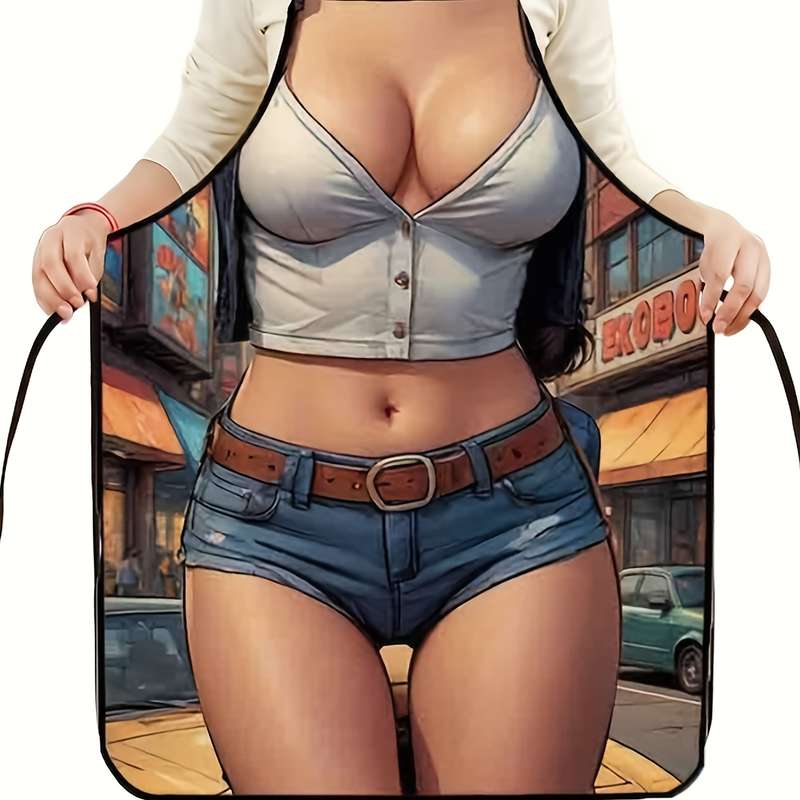 1pc White Denim Vest Print Kitchen Apron for Women Stylish Polyester Fabric with Neck Strap