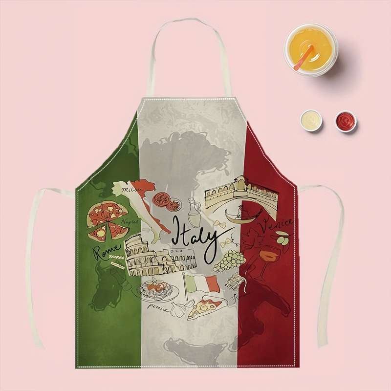 1pc Italian-Themed Pizza Kitchen Apron Creative Fun Printed Home Cleaning Apron Easy-Clean Co
