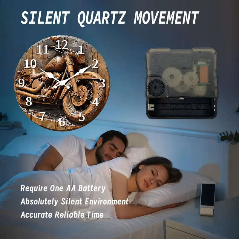 1pc Vintage Motorcycle Wooden Wall Clock Silent Japanese Quartz Movement Round Battery-Operated Wood