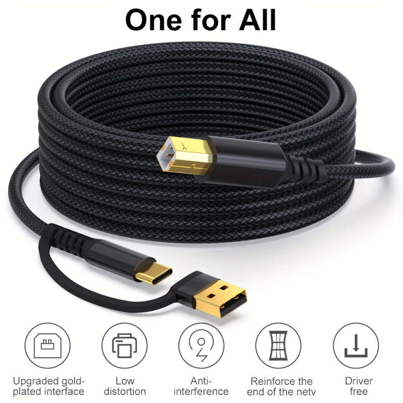 1pc 500cm Printer Cable 2-in-1 USB-A C to USB-B Cable USB C MIDI Cable Braided High Speed Printer