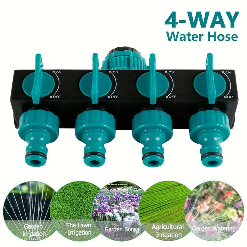 4Way Garden Hose Splitter  1" to 3/4"  1/2" Threads Durable ABS Plastic Green with Black - Essential