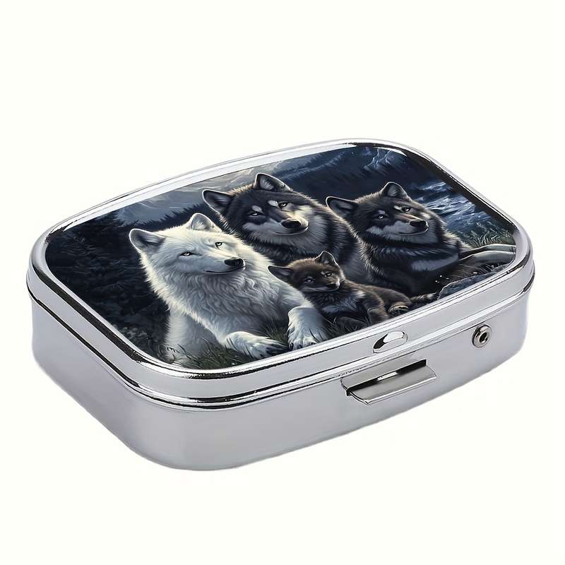 1pc Wolf Family Metal Pill Box C Portable Decorative Organizer with Realistic Wolf Artwork Com