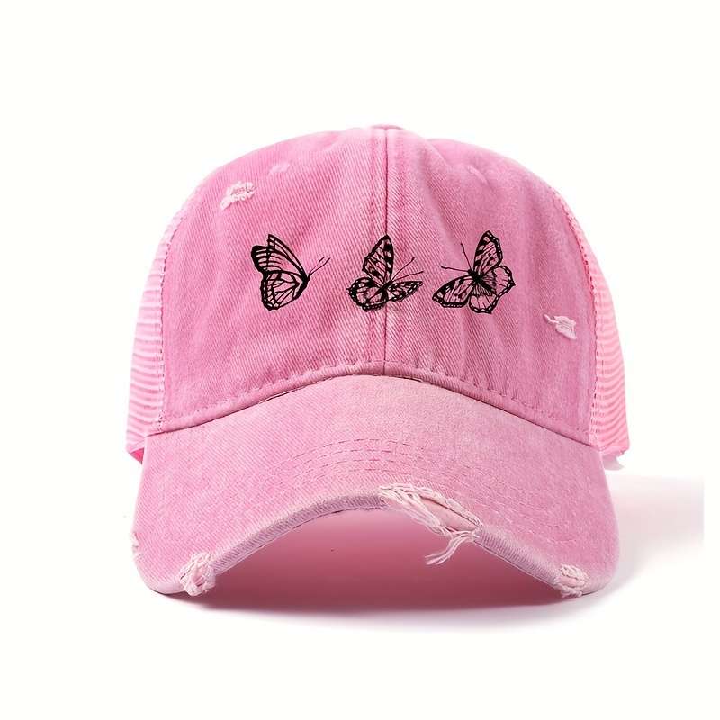 1pc Chic Butterfly Print Baseball Cap for Women Adjustable Lightweight Distressed Look Perfe