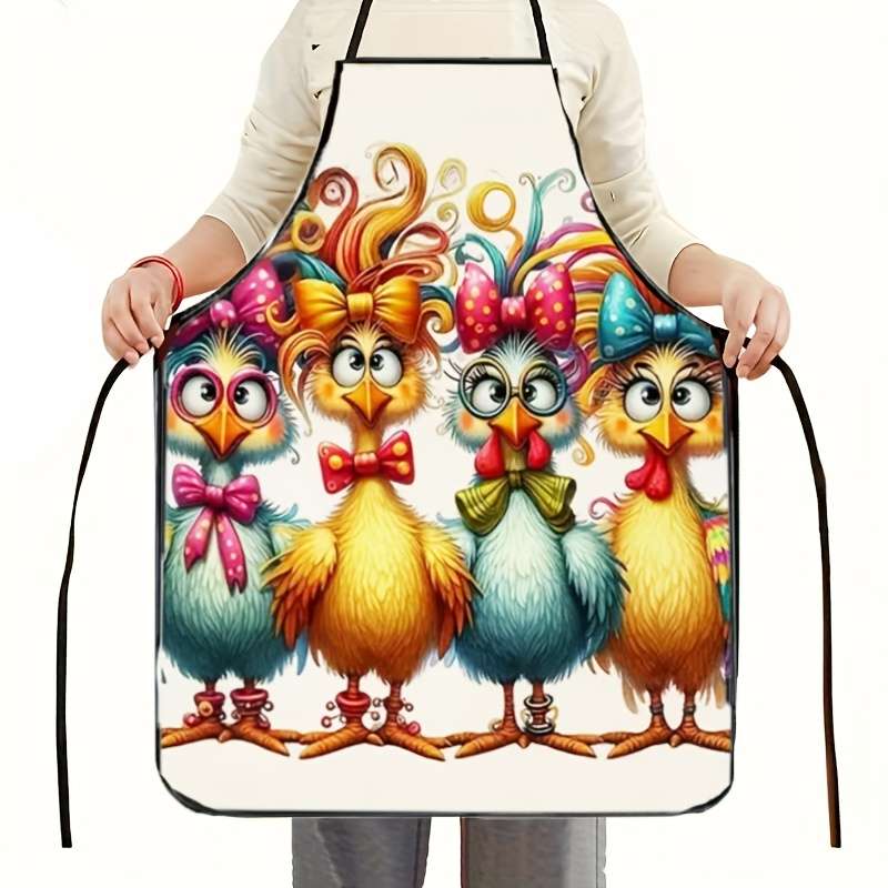 1pc Polyester Apron Colorful Curly Hair Chicken Pattern Woven 150g m? Weight for Cooking B