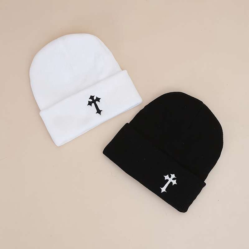 1pc 100% Acrylic Beanie Elastic Fit Embroidered Dark Cross Knit Beanie Unisex Thick Knitted Skul
