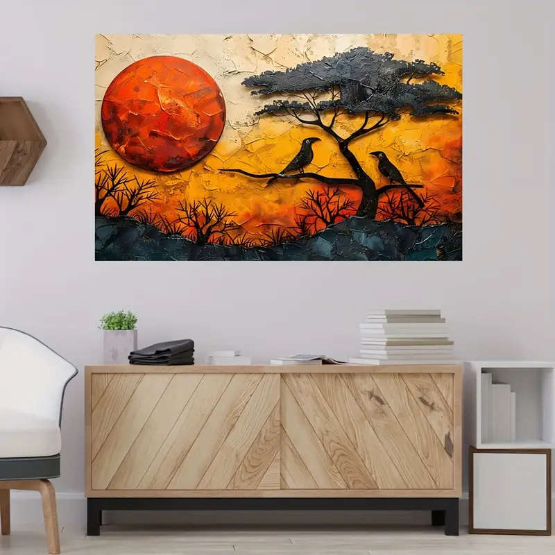 1pc Frameless Modern Abstract African Tree Bird Canvas Wall Art Warm Tones Sunset Scenery Decorative