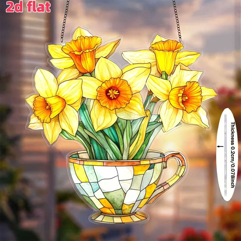 1pc 2D Flat  20.32cm x 20.32cm Acrylic Daffodil Tea Cup Wall Hanging Vibrant Yellow Orange Flora