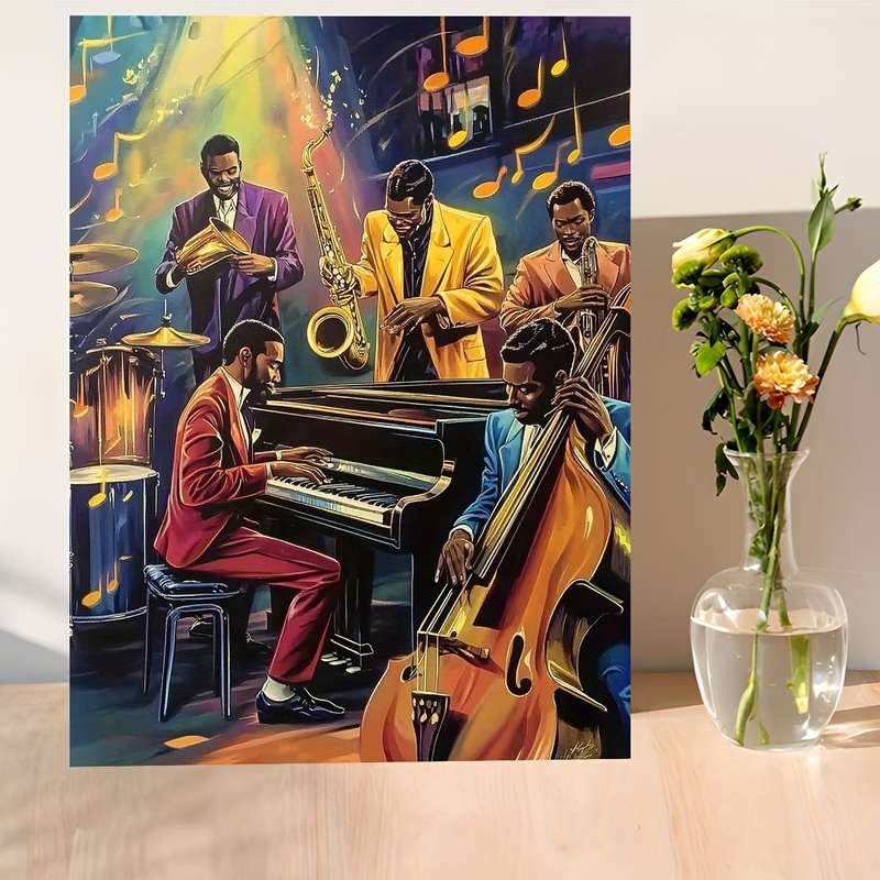 1pc  Jazz Band Poster with Wooden Frame 29.97x39.88 cm Vibrant Musicians Playing Saxophone T