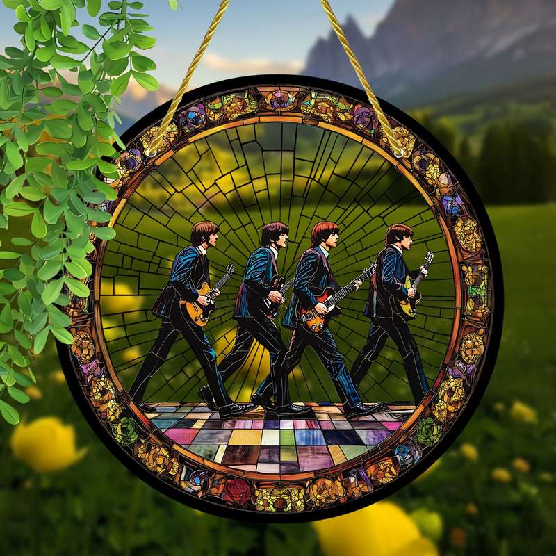 1pc 2D Flat 20.32cm Round Acrylic Sun Catcher with Stained Glass Style Iconic Beatles Design Vi