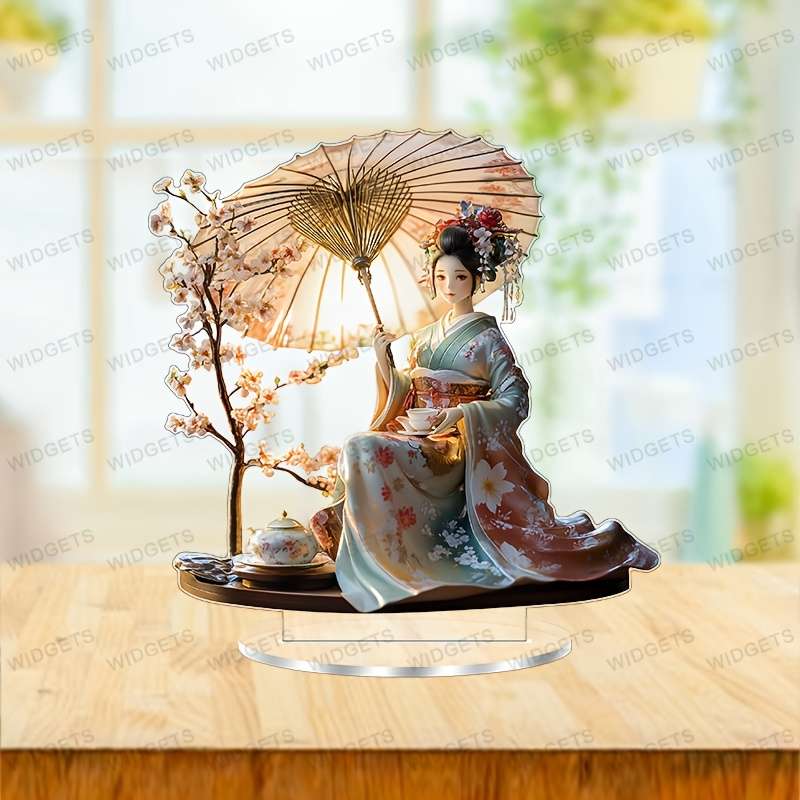 1pc 2D Flat  Elegant Geisha and Cherry Blossom Acrylic Decor with Stand 19.99cm x 19.99cm Vintage