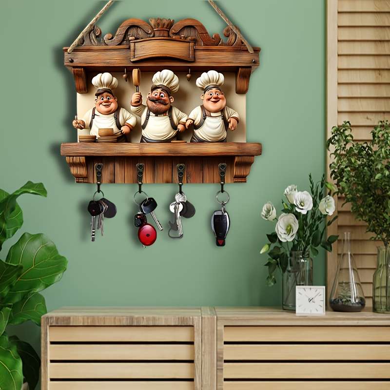 2D Flat 1pc Restaurant Chef Happy Partner Simple Colorful Wooden and Home Key Hanger with Four Me
