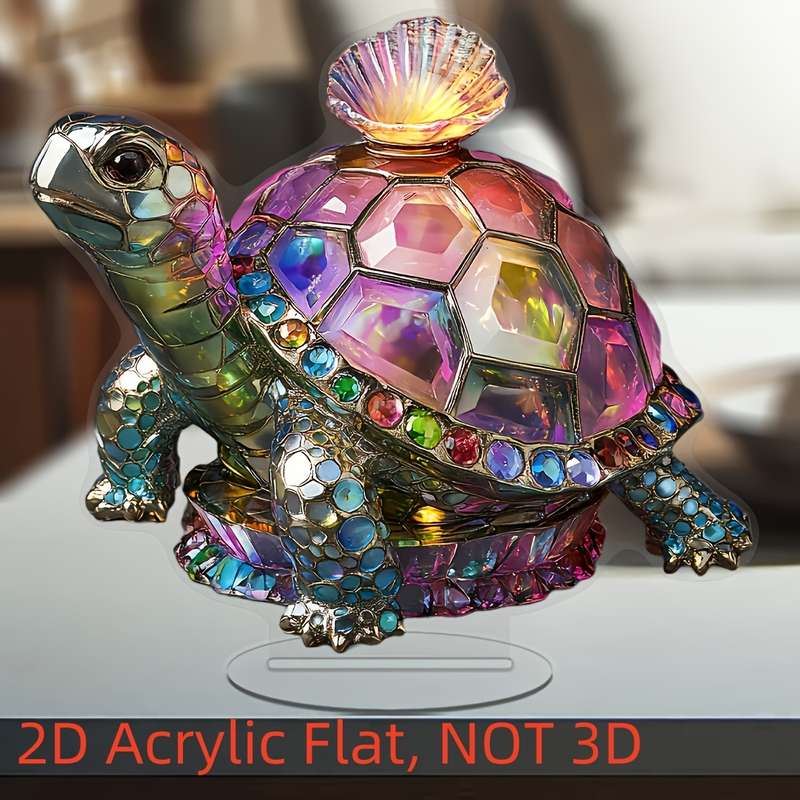1pc 2D Flat   Crystal Iridescent Turtle Figurine Acrylic Decorative Sculpture with Base Contemp