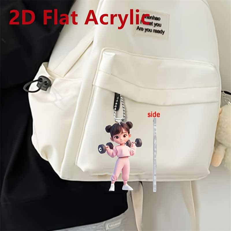 1pc 2D Flat  Acrylic Girl Lifting Dumbbells Pendant Boho Fitness Charm for Car Rearview Mirror B