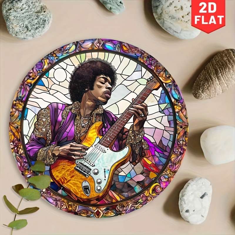 1pc 2D Flat Vintage Guitarist Metal Wall Art 19.99cm Round Iron Sign with Stained Glass Design