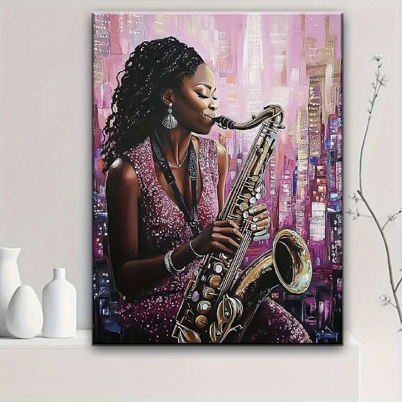 1pc Vibrant African American Saxophonist Jazz Art Print Modern Music Theme HD Poster with Urban B