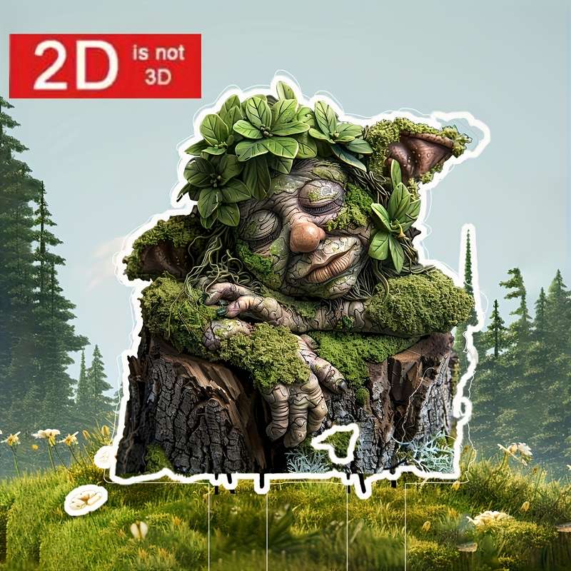 1pc 2D Flat   Acrylic Garden Stake Decoration Whimsical Tree Face Design with Mossy Bark Foli