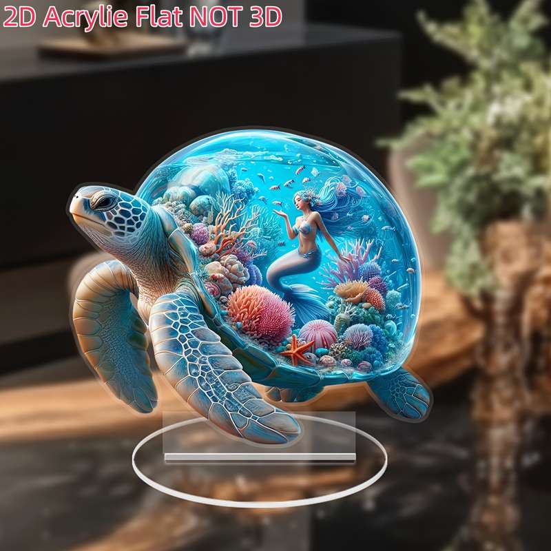 1pc 2D Flat   Bohemian Style  Acrylic Turtle Statue with Oceanic Mermaid Design Colorful Des