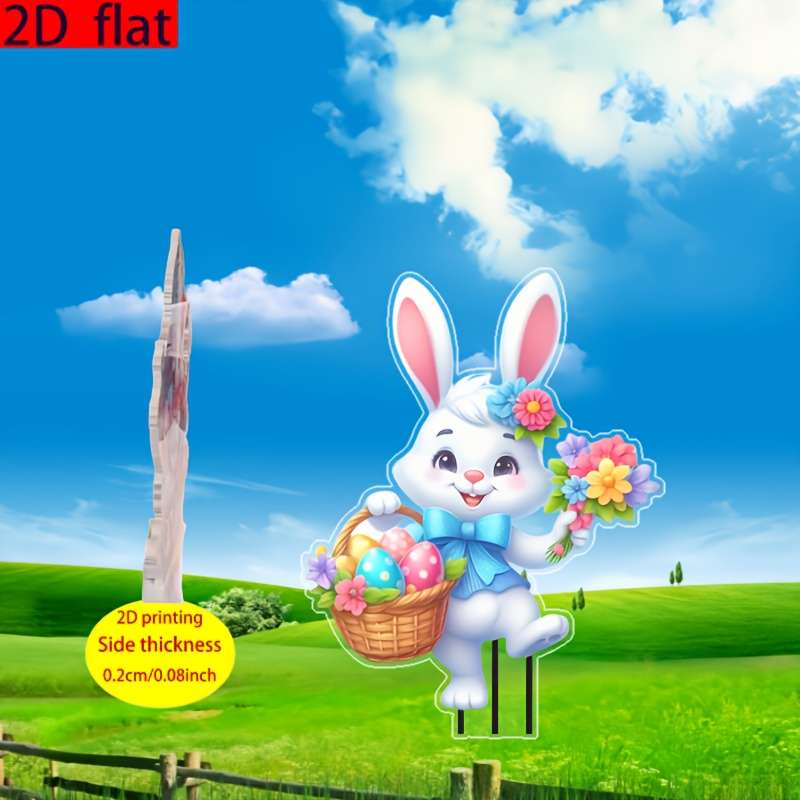 1pc 2D Flat   Bohemian Milk White Rabbit Garden Stake Vibrant Acrylic Outdoor Decor for Pa