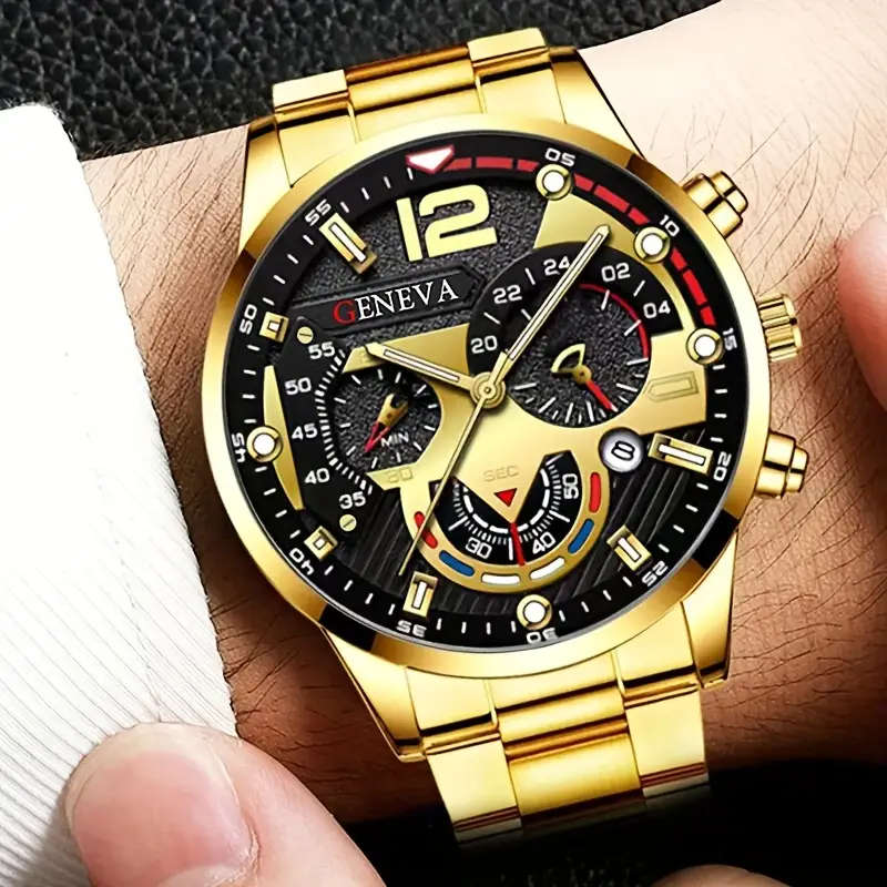 Set Of 4 Pieces Including A Men's Business Casual Calendar Watch A Golden Cross Necklace A Bracelet