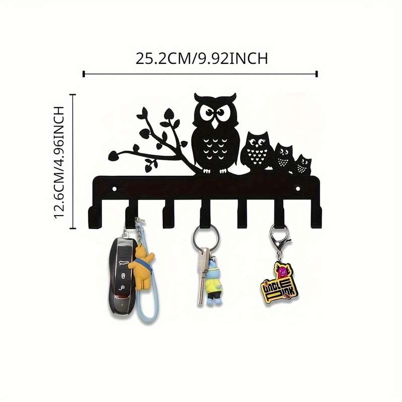 1pc Owl-Themed Metal Key HolderContemporary Black Wall-Mounted Rack with 5 Hooks for Easy Organiz