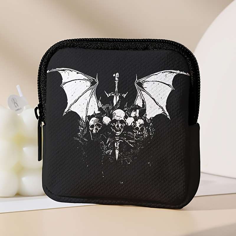 1pc Contemporary Skull and Bat Print Coin Wallet Large Capacity Polyester Zippered Coin Purse