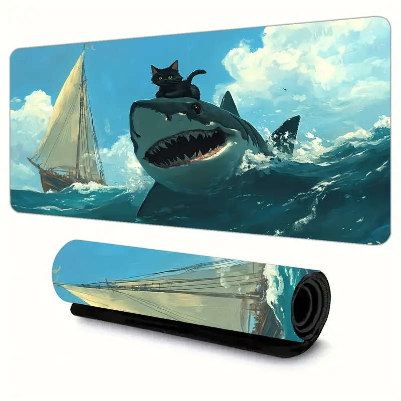 1pc 40x90cm Whimsical Cat Riding Shark Design Soft Non-Slip Mouse Pad Washable Durable Desk Mat