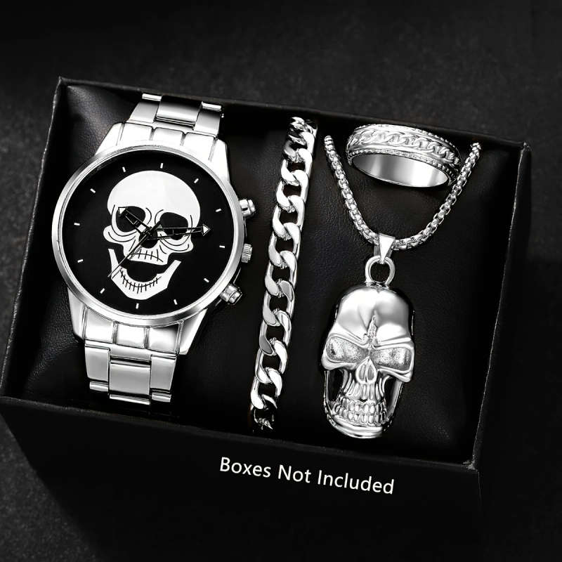 4 Piece Set Men's Watch Fashion Personality Skull Round Disc Quartz Watch