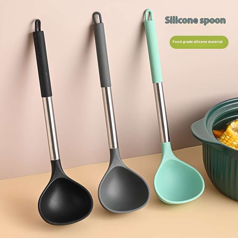 1pc large silicone spoon silicone spoon stainless steel handle spoon large spoon non-stick