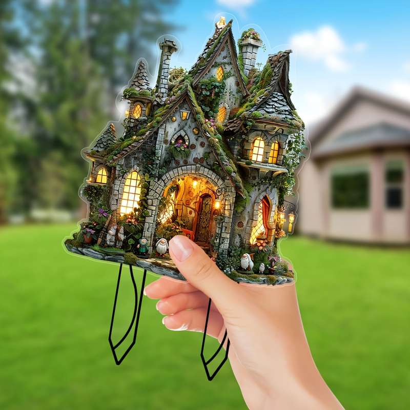1pc 2D Flat   Enchanted Fairy Tale Cottage Garden Planter Rustic  Acrylic Outdoor Deco