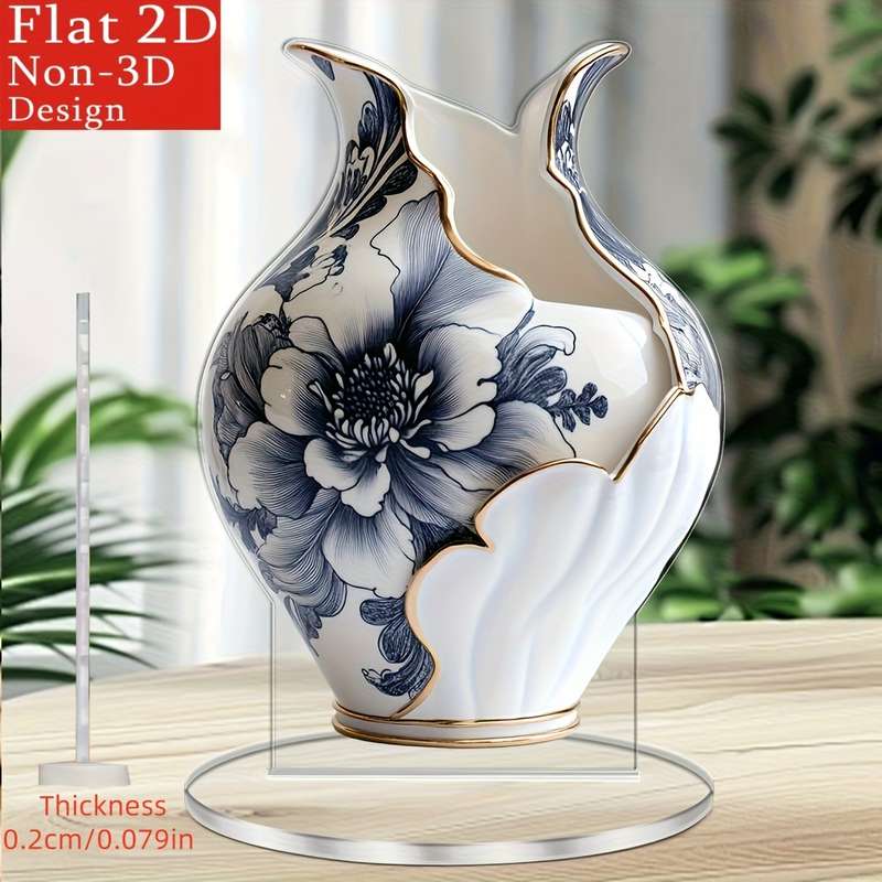 1pc 2D Flat   Bohemian Acrylic Decorative Vase with Elegant Floral Design  Base White
